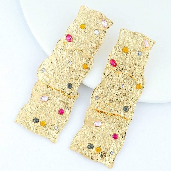. Jewelry - Gold Womens Vintage Rhinestone Decor Textured Drop Earrings